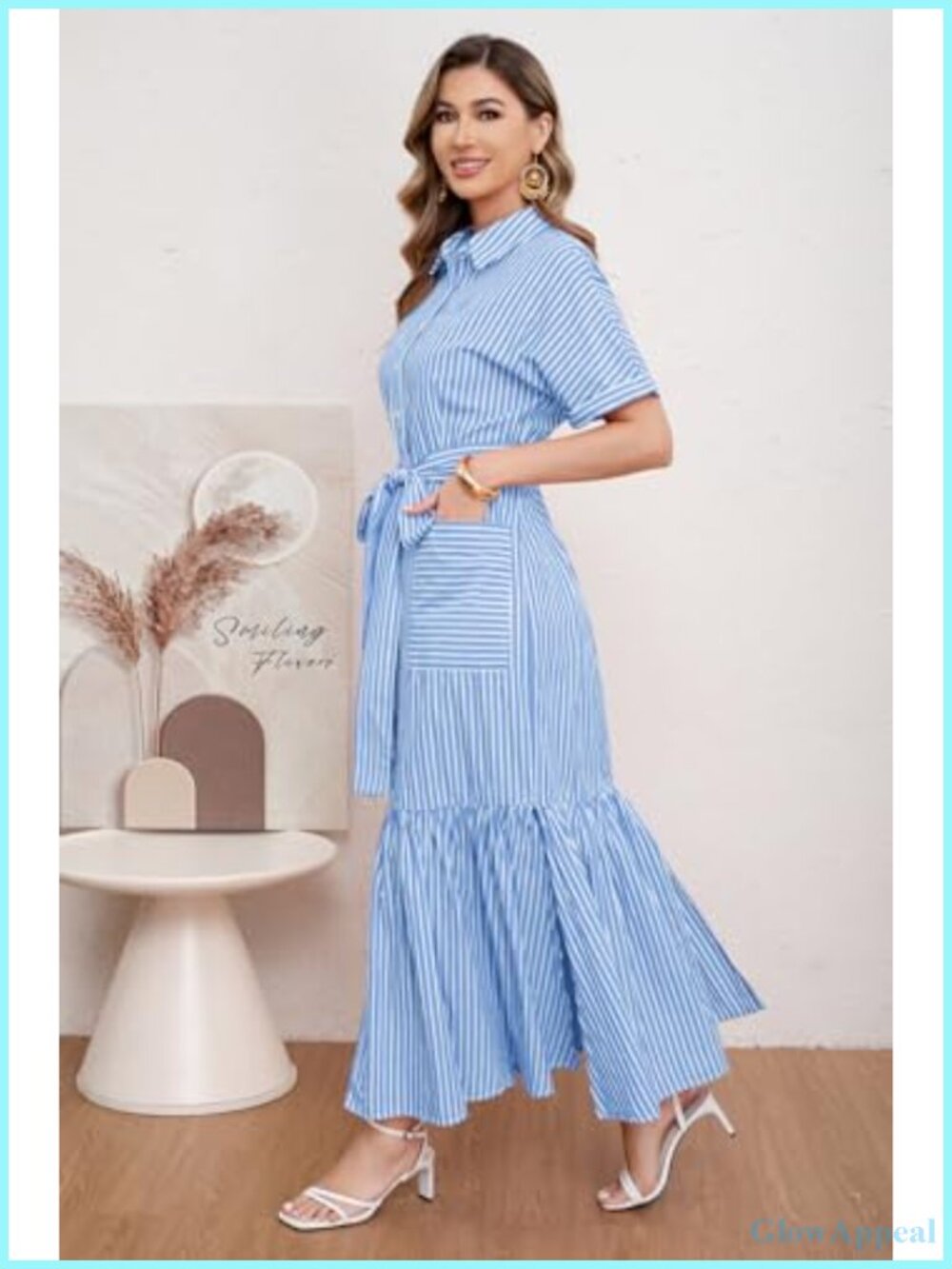 Striped Button Down Maxi Dress with Pockets Tie Waist Short Sleeve Shirt Dress - Picture 2 of 6